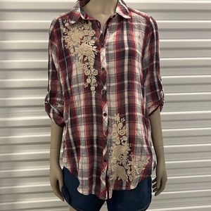 Kyla Seo plaid button down shirt with embroidered flowers
